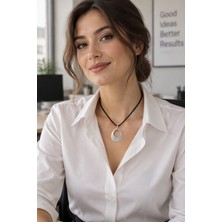 Vintage Takı Siyah Deri Ipli Silver Minimal Geometrik Halka Kolye & Siyah Deri Ipli Modern Gümüş Renk Zarif Kadın Kolyesi