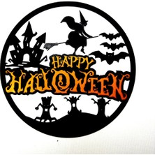 Ulu Pazarlama 3D Baskı Happy Halloween Yuvarlak Duvar Panosu Cadı Şato Yarasa Silüetli Kapı Süsü Duvar Dekoru Siyah