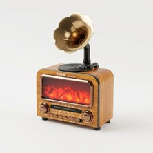 Always Teknoloji Nostaljik Şömine Işıklı Gramofon Bluetooth Hoparlör - Ahşap Retro Fm Radyo Usb/sd Kart Girişli 1800 Mah