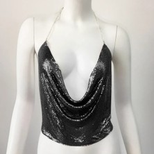 VBX Aura Parlak Crop Bluz Kolsuz Kayık Yaka Zırh Büstiyer