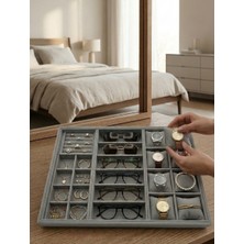 Woodini Xlarge 50X36,5 cm Gri Kadife Saat, Gözlük, Yüzük ve Küpe Takı Organizer Tablası