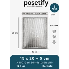 Poşetify Gümüş Metalize Balonlu Kargo Poşeti 15X20+5 cm | 5 Adet | Kendinden Yapışkanlı Koruyucu Ambalaj