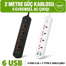 Teknomila 6 Usb'li 4'lü Çoklu Priz 2 M Kablolu Akım Korumalı Anahtarlı Uzatma Grup Priz 3000W 2 Typec Siyah