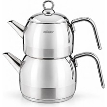 Milanor Tuana Aile Boy Metal Kulplu Çelik Çaydanlık – 1,25 L Demlik + 2,25 L Alt Çaydanlık