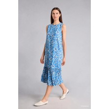 DeFacto Regular Fit Bisiklet Yaka Çiçekli Mavi Midi Elbise E9437AX26HS