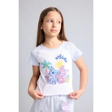 DeFacto Disney Lilo & Stitch Fitted Bisiklet Yaka Ribana Kısa Kollu Beyaz Tişört Kız Çocuk H3477A826HS