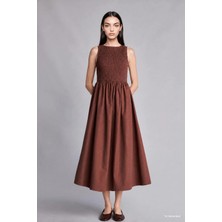 DeFacto Bisiklet Yaka Terry Cotton Kolsuz Kahverengi Midi Elbise H8429AX26SM