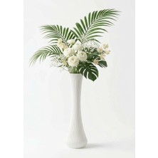 Kastasaksı Beyaz 60 cm Büyük Plastik Dekoratif Vazo - Dikey Oluklu Minimalist Beyaz Kuru Çiçek Vazosu (11X11X60 Cm)