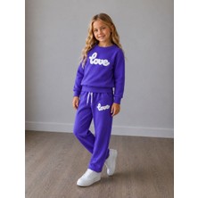 KR Kids Kız Çocuk Love Nakışlı Sweatshirt ve Pantolon 2’li Eşofman Takımı Mor