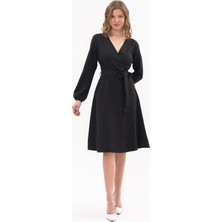 Apsen Collection Apsen Kadın Siyah  Bağlama Detaylı Kruvaze Yaka Midi Boy Elbise 4338-110