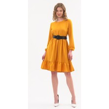 Apsen Collection Apsen Kadın Hardal Eteği Fırfırlı Bisiklet Yaka Kemer Detaylı Elbise 4345-100