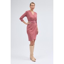 Apsen Collection Apsen Kadın Krep Gülkurusu Kruvaze Kemerli Midi Anvelop Elbise 3753-100