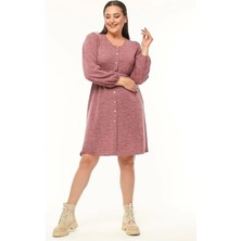 Apsen Collection Apsen Kadın Pudra Uzun Kollu Beli Lastikli Düğme Detaylı Triko Elbise 4482-105
