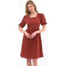 Apsen Collection Apsen  Kadın Kiremit Renk Kare Yaka Kol Detaylı Elbise 4368-100