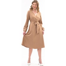 Apsen Collection Apsen Kadın Camel Bağlama Detaylı Kruvaze Yaka Midi Boy Elbise 4338-110