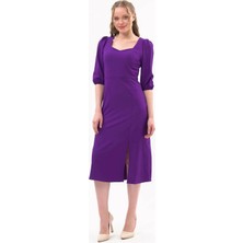 Apsen Collection Apsen Kadın Mor Yırtmaç Detaylı Beşgen Yaka Midi Krep Elbise 4444-120