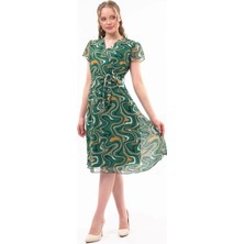 Apsen Collection Apsen  Kadın Zümrüt Yeşili Desen Kruvaze Yaka Midi Boy Şifon Elbise 4445-110
