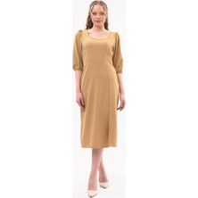 Apsen Collection Apsen Kadın Camel Yırtmaç Detaylı Beşgen Yaka Midi Krep Elbise 4444-120