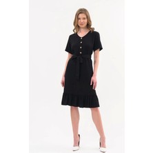 Apsen Collection Apsen Kadın Siyah Renk Önden Düğme detaylı Yazlık midi Elbise 4437-105