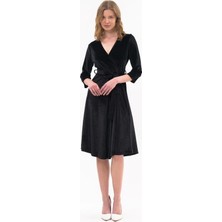 Apsen Collection Apsen Kadın  Kadife Siyah Kruvaze Yaka  Midi Elbise  4484/110