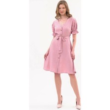 Apsen Collection Apsen  Kadın Pudra Kuşaklı Düğmeli Yeni Sezon V Yaka Elbise 4366-115