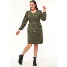 Apsen Collection Apsen Kadın Haki Uzun Kollu Beli Lastikli Düğme Detaylı Triko Elbise 4482-105