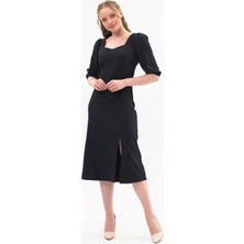 Apsen Collection Apsen Kadın Siyah Yırtmaç Detaylı Beşgen Yaka Midi Krep Elbise  4444-120