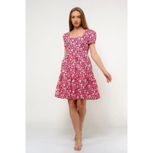 Apsen Collection Apsen Kadın kare Yaka büzgü Detaylı Mini Boy Yazlık Elbise 4447-95