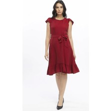 Apsen Collection Apsen  Kadın Bordo Renk Omuz Detaylı Büzgülü Midi Boy Yazlık Elbise 3886-100