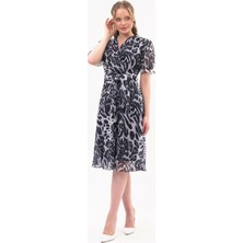 Apsen Collection Apsen Kadın Siyah Leopar Desenli Kruvaze Yaka Midi Şifon Elbise 4431-110