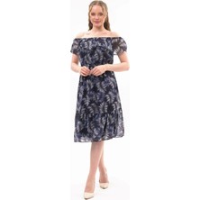 Apsen Collection Apsen Kadın Desenli Madonna Yaka Midi Şifon Elbise 4448-115