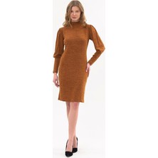 Apsen Collection Apsen Kadın Taba Balıkçı Yaka Arkadan Düğmeli Kol Detaylı Midi Triko Kışlık Elbise 4351-100