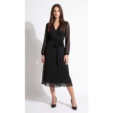 Apsen Collection Apsen Kadın Puantiyeli Şifon Astarlı Kruvaze Yaka Seyyar Kuşaklı Maxi Boy Elbise 4519-125