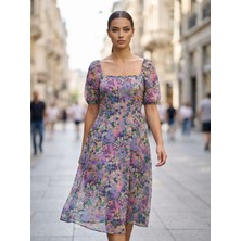 Apsen Collection Apsen Kadın Şifon Çiçek Desenli Kare Yaka  Midi Elbise 4518-120