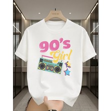 One Button Unisex Erkek/kadın 90's Girl Radyo Tema Baskılı Oversize T-Shirt