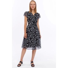 Apsen Collection Apsen Kadın Gri Desen Kruvaze Yaka Midi Boy Şifon Elbise  4445-110
