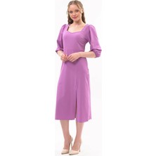 Apsen Collection Apsen Kadın Lila Yırtmaç Detaylı Beşgen Yaka Midi Krep Elbise 4444-120