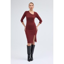 Apsen Collection Apsen Kadın Kiremit Yırtmaçlı Turva Kol Yaka Detaylı Midi Elbise 3769-100