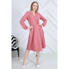 Apsen Collection Apsen Kadın Gül Kurusu Bağlama Detaylı Kruvaze Yaka Midi Boy Elbise 4338-110