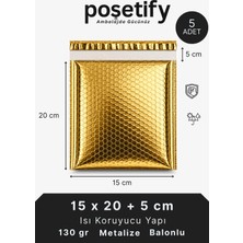 Poşetify Gold Metalize Balonlu Kargo Poşeti 15X20+5 cm | 5 Adet | Kendinden Yapışkanlı Koruyucu Ambalaj