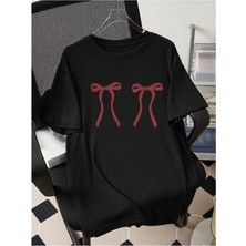 One Button Unisex Erkek/kadın Bordo Kurdele Baskılı Oversize T-Shirt