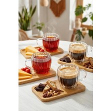 Evstyle 8parça 4kişilik Çift Cidarlı Bardak ve Bambu Tabaklı Espresso Çay Kahve Fıncan Takımı