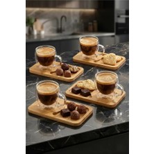 Evstyle 8parça 4kişilik Çift Cidarlı Bardak ve Bambu Tabaklı Espresso Çay Kahve Fincan Takımı