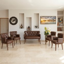 Azra Mobilya Roma 2+1+1+1+1 Deri Chester Ofis Koltuk Takımı Ahşap Ayaklı 5 Parça - Acı Kahve