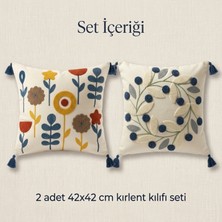 Destiva Home Mavi Çelenk ve Çiçekli Gizli Fermuarlı Püsküllü Dekoratif Kırlent Kılıfı Seti 42X42 cm