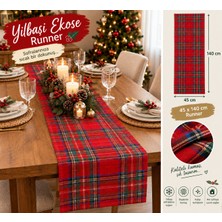 Ecrella Yılbaşı Ekose Runner 45X140 cm Kırmızı Masa Örtüsü Dekoratif Masa Runnerı