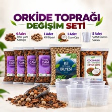 Orkide Toprağı Değişim Seti - Ithal Çam Kabuğu, Coco Cips, Kil Bilyesi ve Şeffaf Saksı Seti