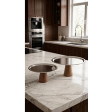 Famwood Art 2'li Ahşap Ayaklı Çelik Metal Sunum Tabağı,kek-Pasta Standı,şekerlik,peynir Tabağı 28 ve 21 cm