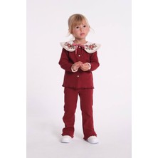 KR Kids Kız Çocuk Çiçek Nakışlı Geniş Yakalı Gömlek Pantolon 2’li Takım Bordo