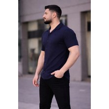 Kırmızı Beyaz Aksesuar Erkek Waffle Kumaş Kısa Kollu Düğmeli Açık Yaka Regular Fit Gömlek - Lacivert